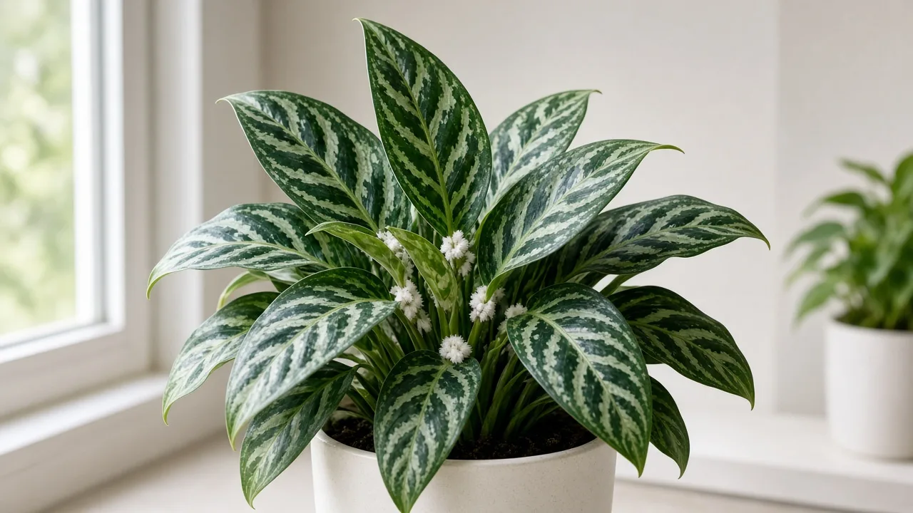 Mealybugs on Aglaonema Pictum Tricolor - white cottony clusters in crown axils on camouflage-pattern leaves