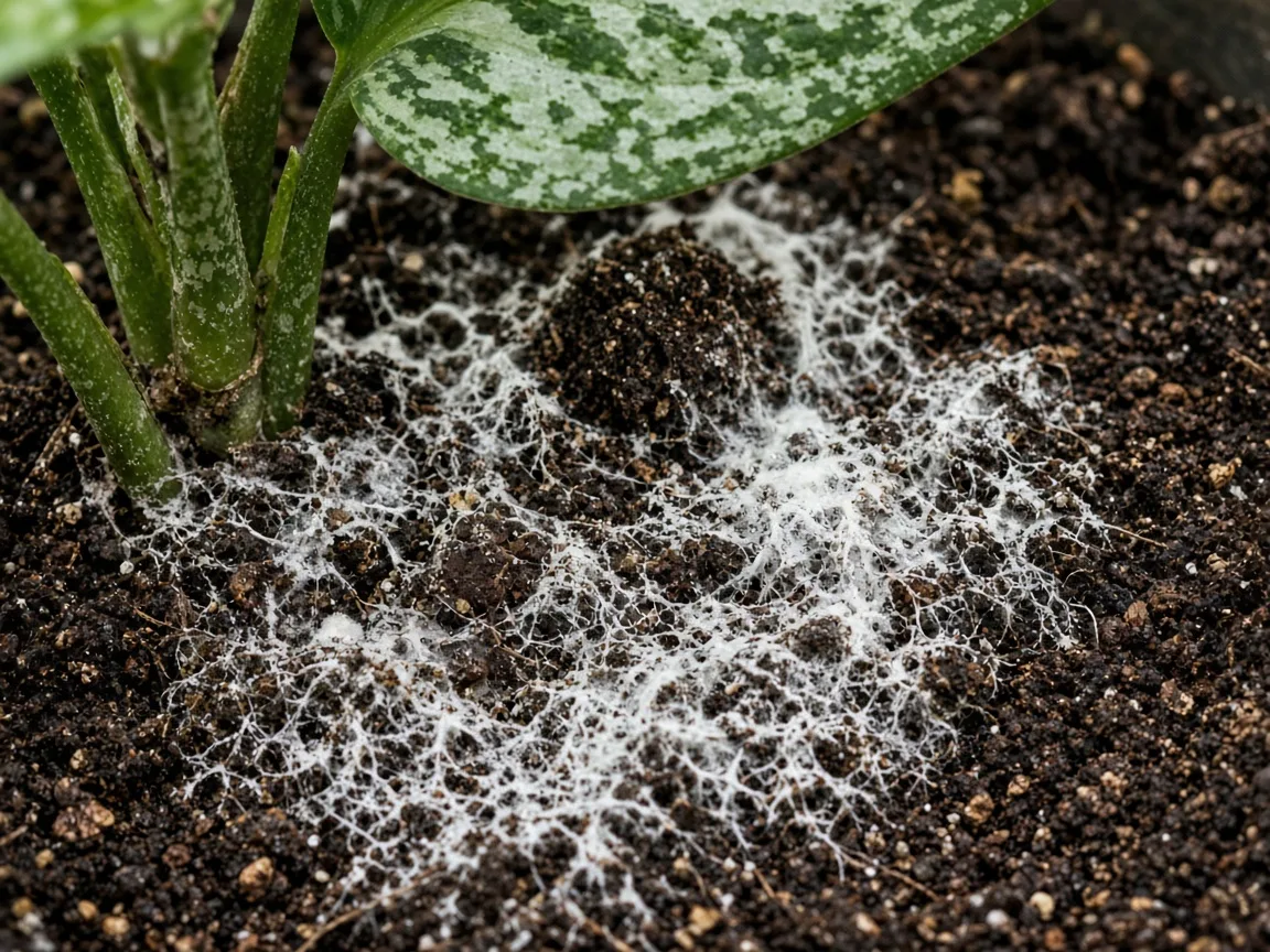 Close-up of mold on soil on Aglaonema Pictum Tricolor - white fuzzy threads on damp peat at the base of camouflage-pattern leaves