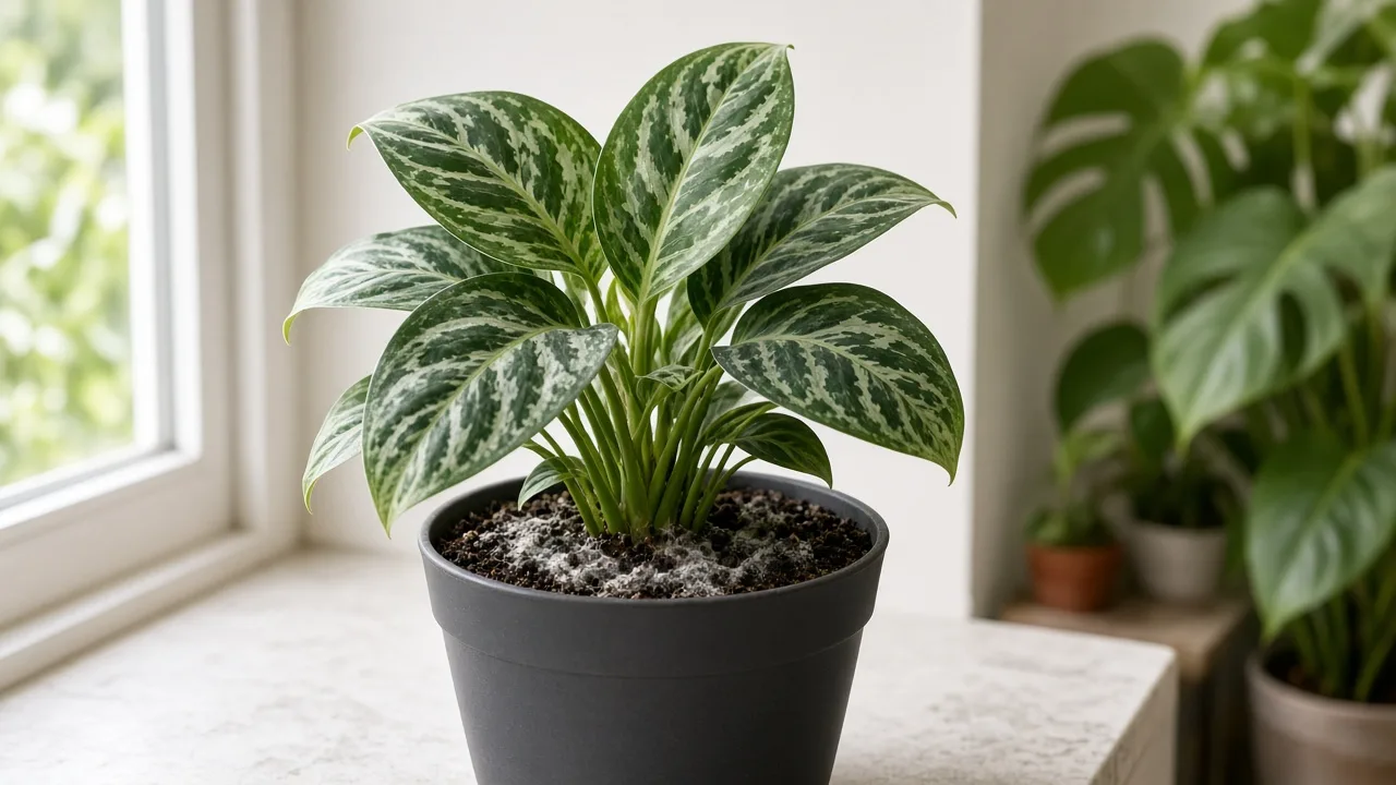 Mold on soil on Aglaonema Pictum Tricolor - white fuzzy growth on damp peat at the base of camouflage-pattern silver-veined leaves