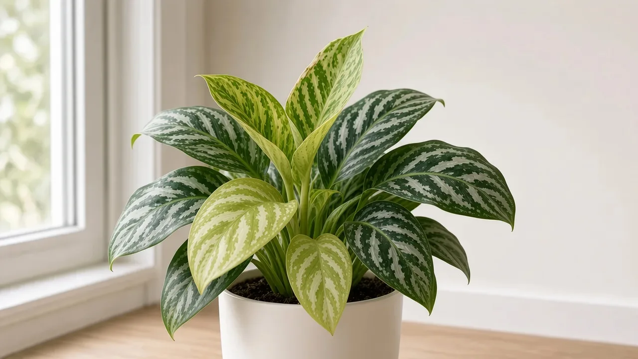 Nitrogen deficiency on Aglaonema Pictum Tricolor - pale oldest lower camouflage blades on a ribbon Chinese evergreen clump