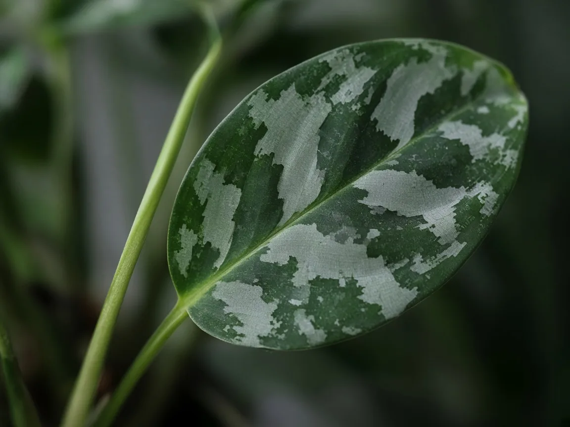 Close-up of low light on Aglaonema Pictum Tricolor - elongated petiole with faded silver camouflage veining on a smaller new leaf