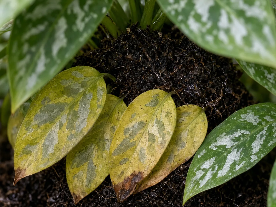 Close-up of yellow lower camouflage leaves and damp dark soil at the base of Aglaonema Pictum Tricolor