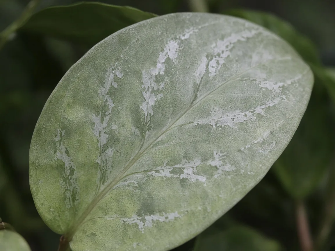 Close-up of pale leaves on Aglaonema Pictum Tricolor - faded variegation on leaf surface