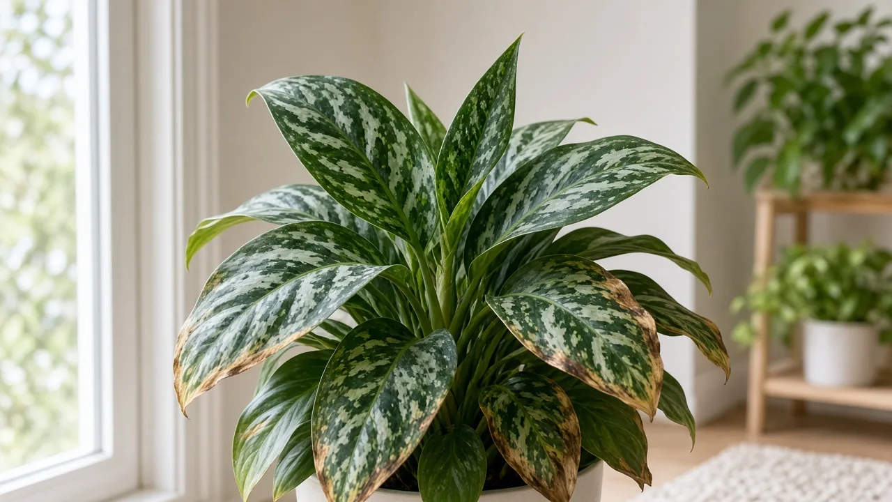 Potassium deficiency on Aglaonema Pictum Tricolor - scorched margins on older lower camouflage leaves