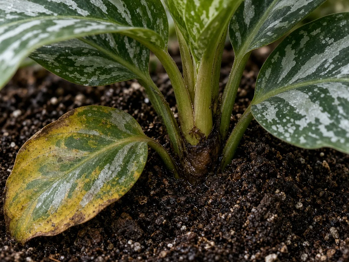 Close-up of root rot on Aglaonema Pictum Tricolor — soft dark crown tissue and yellowing lower camouflage leaf