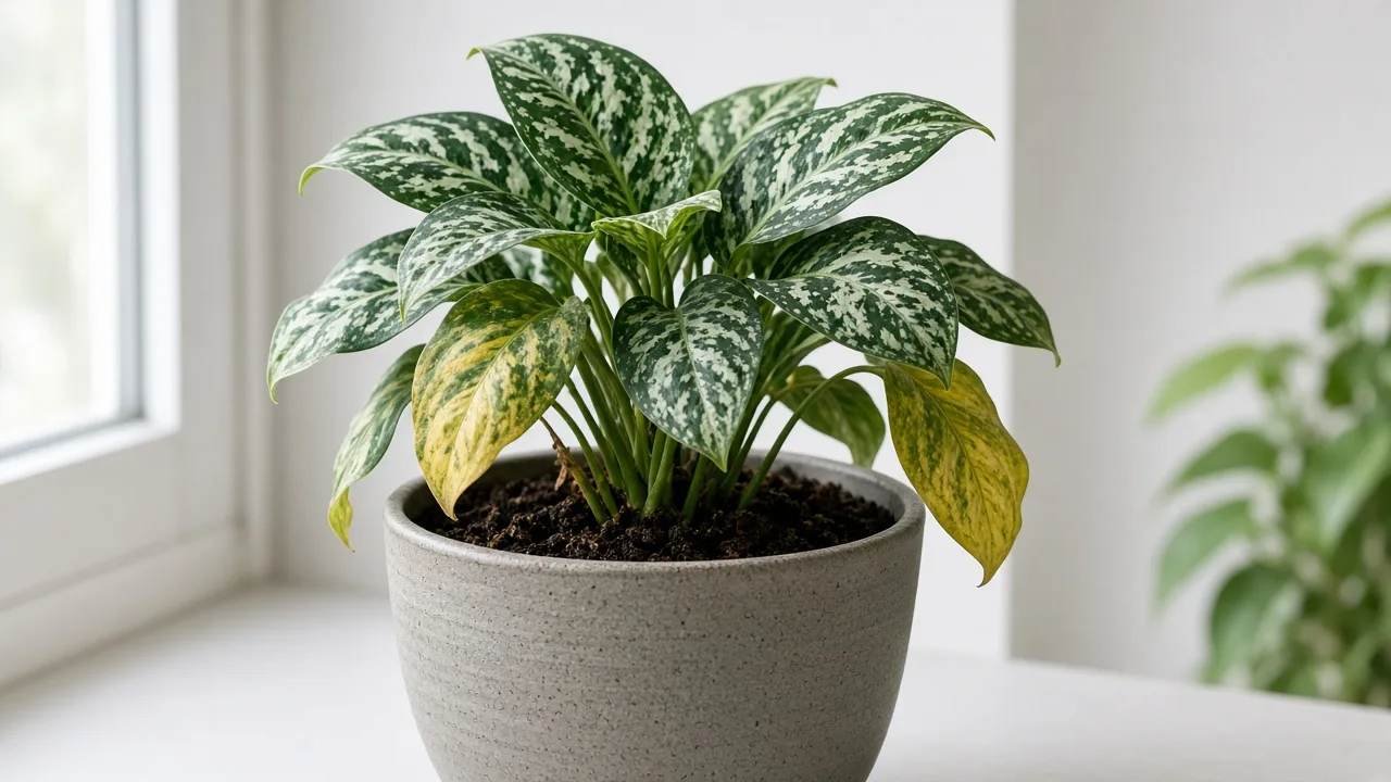 Root rot on Aglaonema Pictum Tricolor — yellowing lower camouflage leaves on a heavy wet pot in low light