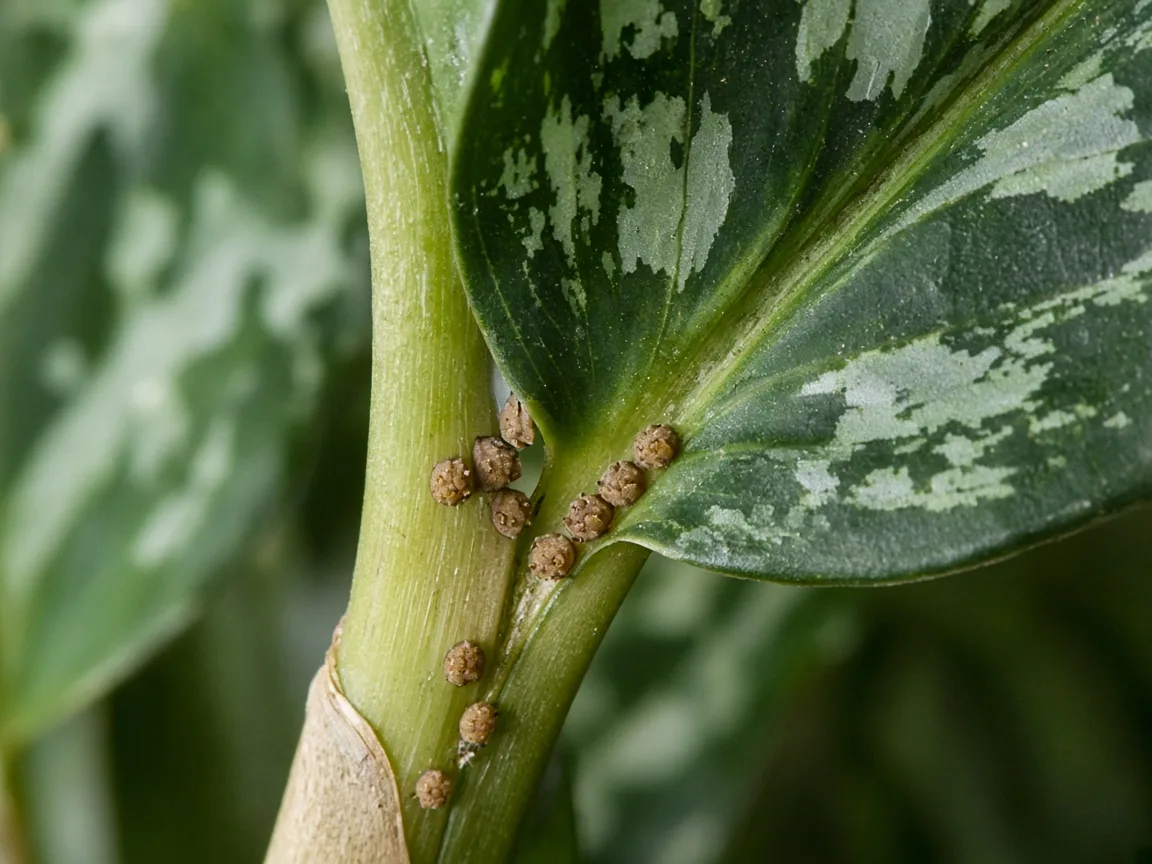Close-up of tan scale insect bumps along the petiole base of a camouflage-pattern Aglaonema Pictum Tricolor leaf with silver veining