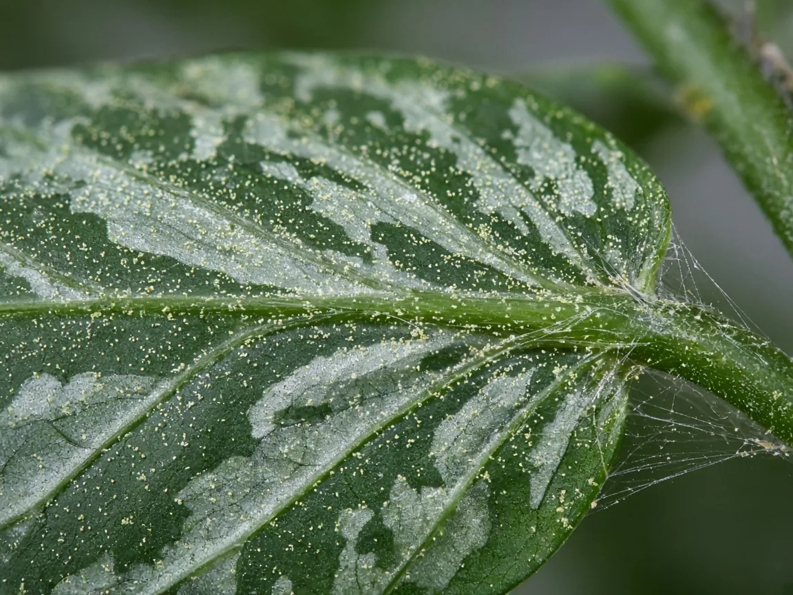 Close-up of fine yellow stippling and delicate webbing along a silver-veined camouflage leaf underside on Aglaonema Pictum Tricolor