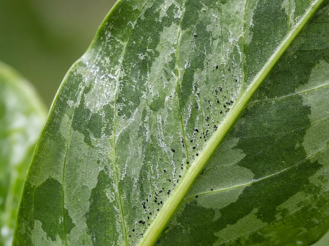Close-up of thrips damage on Aglaonema Pictum Tricolor - silvery streaks and black frass on a camouflage-pattern tricolor leaf