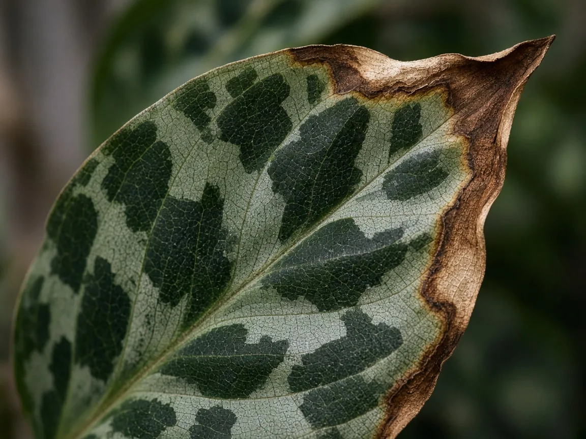Close-up of crisp brown tips and curled camouflage leaves on Aglaonema Pictum Tricolor