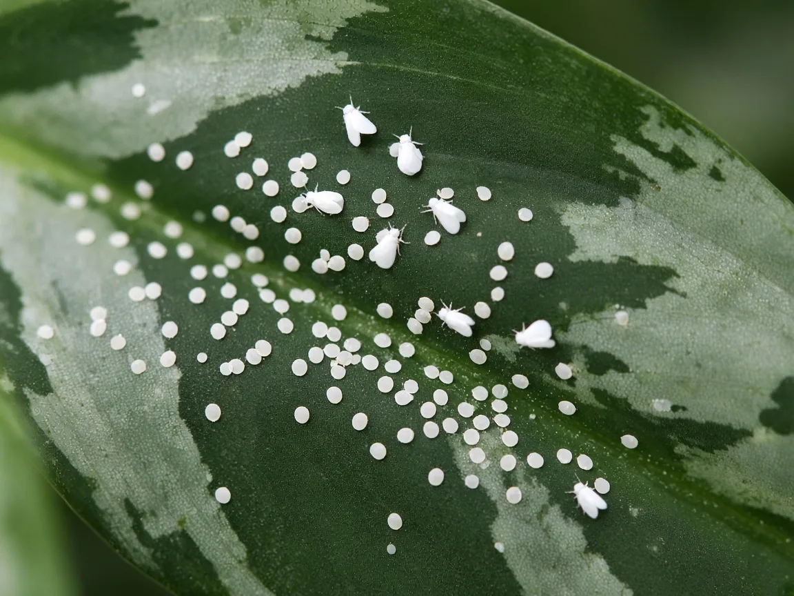 Close-up of whitefly nymph disks on the underside of a wide silver-veined Aglaonema Pictum Tricolor camouflage leaf