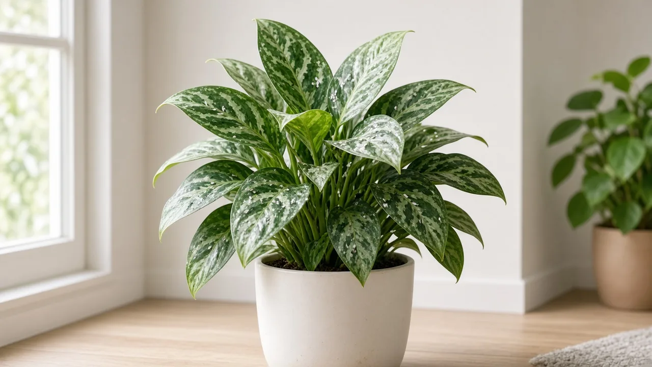 Whiteflies on Aglaonema Pictum Tricolor - tiny white insects on wide camouflage-pattern leaf undersides