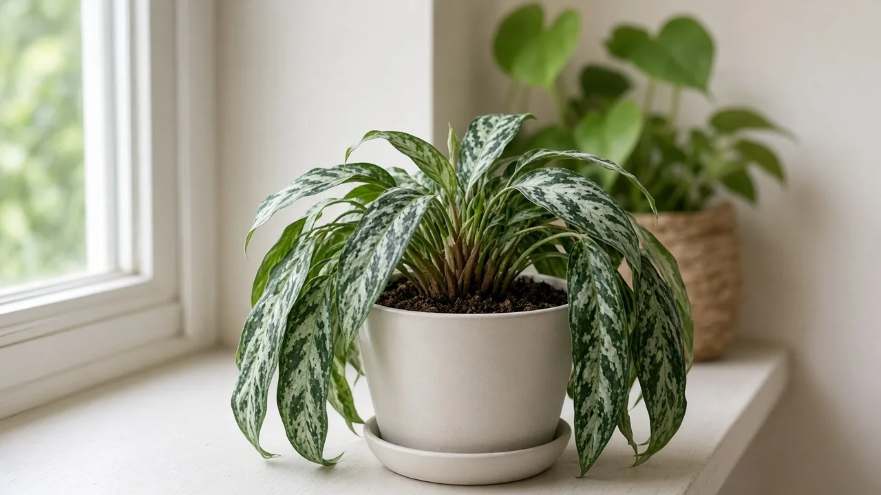 Wilting on Aglaonema Pictum Tricolor - compact camouflage-pattern Chinese evergreen clump collapsed with limp ribbon foliage