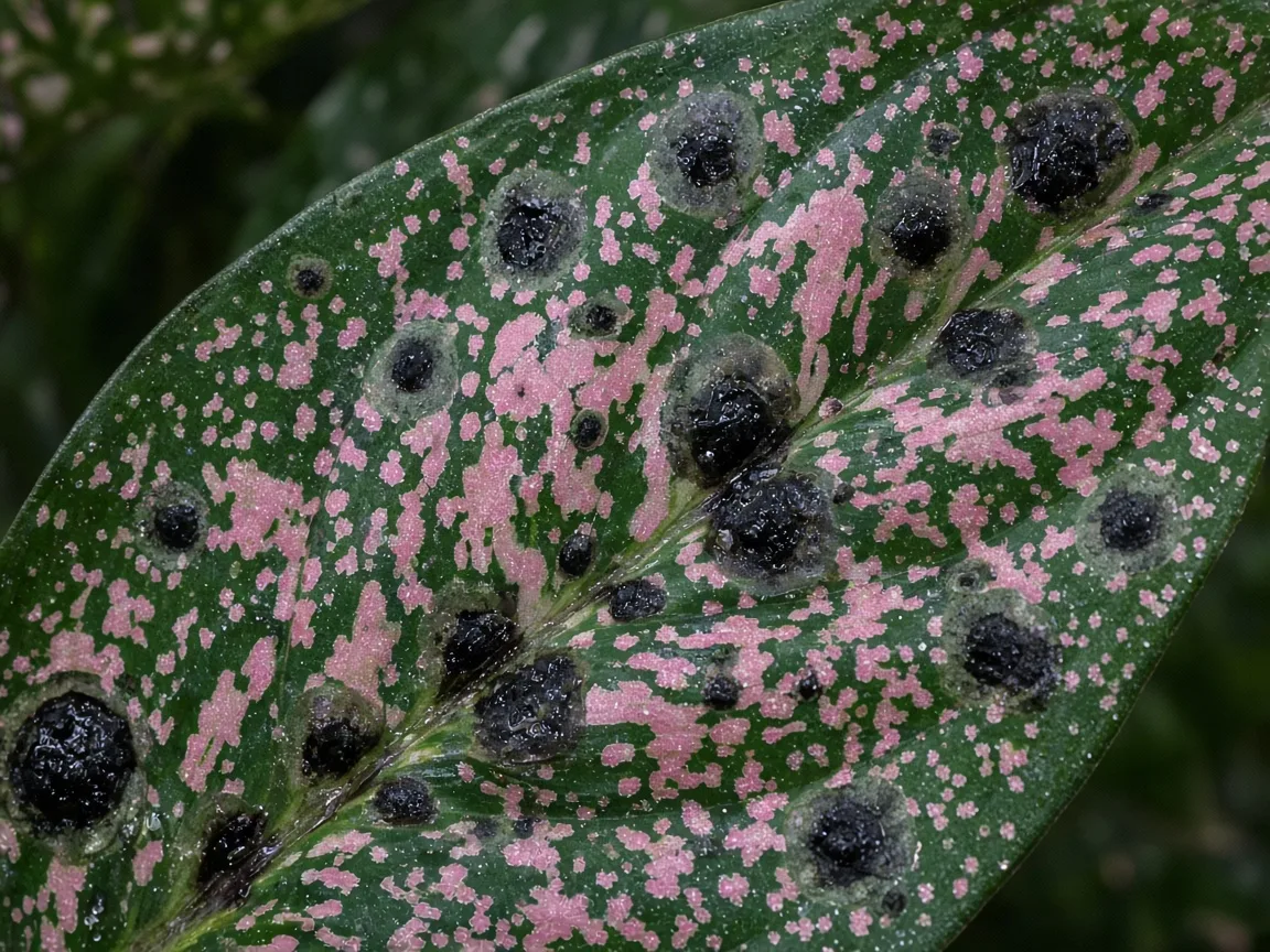 Close-up of black spots on Aglaonema Pink Dalmatian — water-soaked lesions on variegated foliage