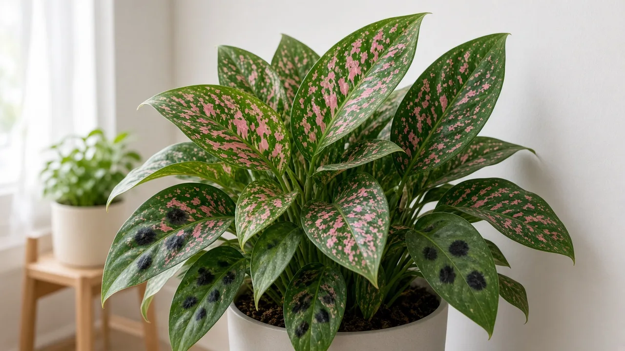 Black Spots on Aglaonema Pink Dalmatian - visible symptom on variegated Chinese evergreen foliage