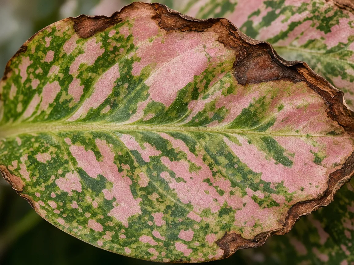 Close-up of brown leaves on Aglaonema Pink Dalmatian — necrotic margin on variegated blade