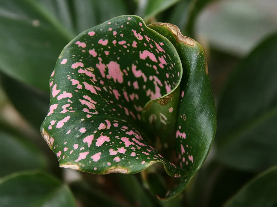 Close-up of cupped margin-burned new Pink Dalmatian crown leaf