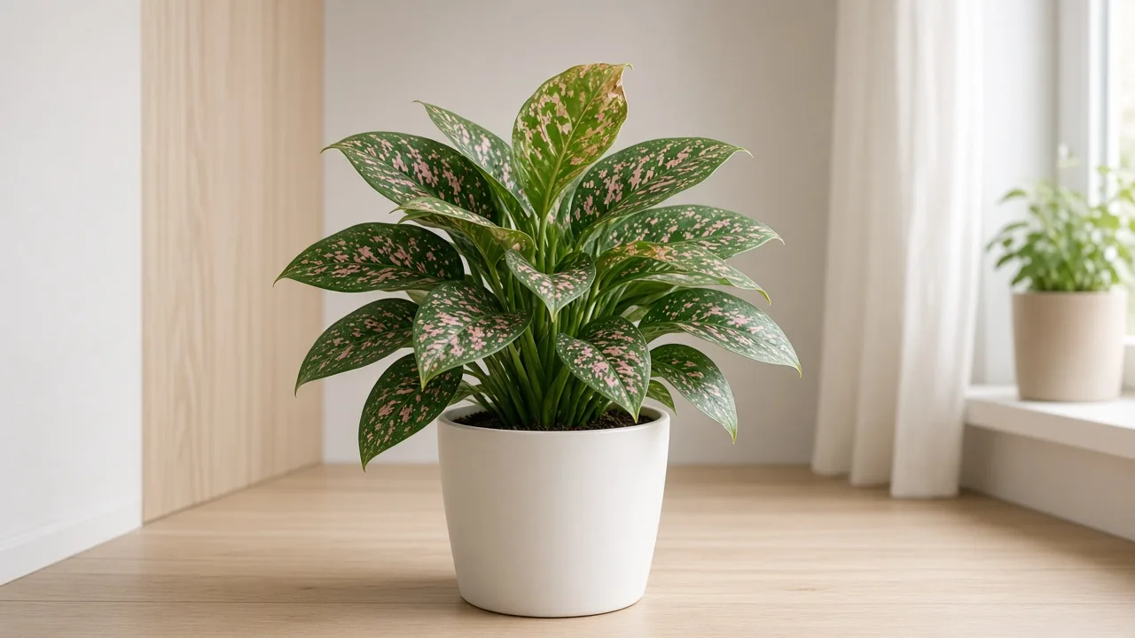 Calcium deficiency on Aglaonema Pink Dalmatian - cupped new speckled crown leaf with margin burn