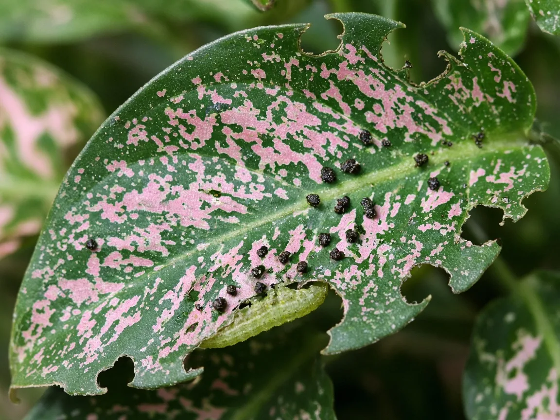 Close-up of caterpillar damage on Aglaonema Pink Dalmatian - irregular chewed notches on pink-speckled leaf with dark frass pellets