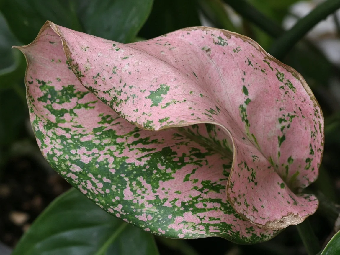 Close-up of curling leaves on Aglaonema Pink Dalmatian - cupped variegated leaf surface