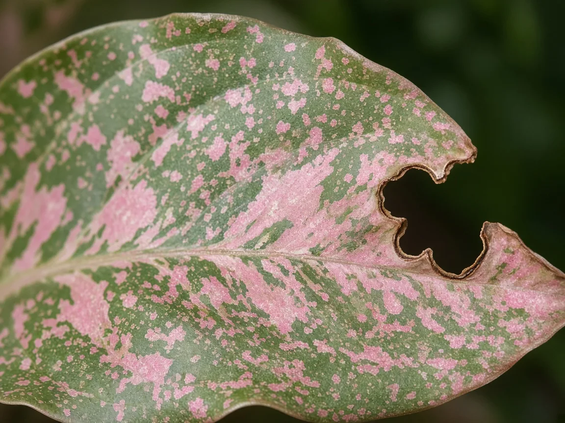 Close-up of holes in leaves on Aglaonema Pink Dalmatian — chewed margin on variegated leaf
