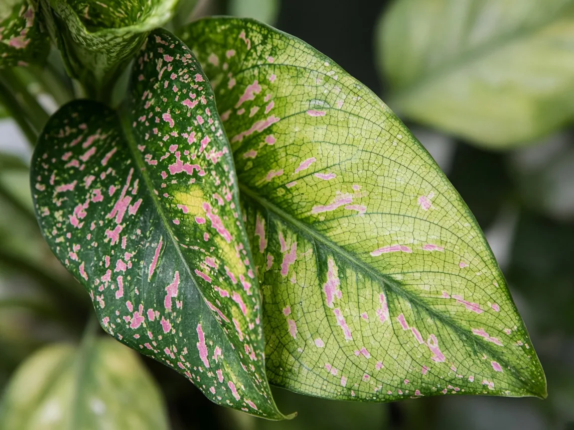 Close-up of interveinal chlorosis on new Pink Dalmatian crown leaf