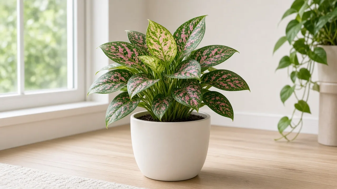 Iron deficiency on Aglaonema Pink Dalmatian - pale new speckled leaf with green veins at the crown flush