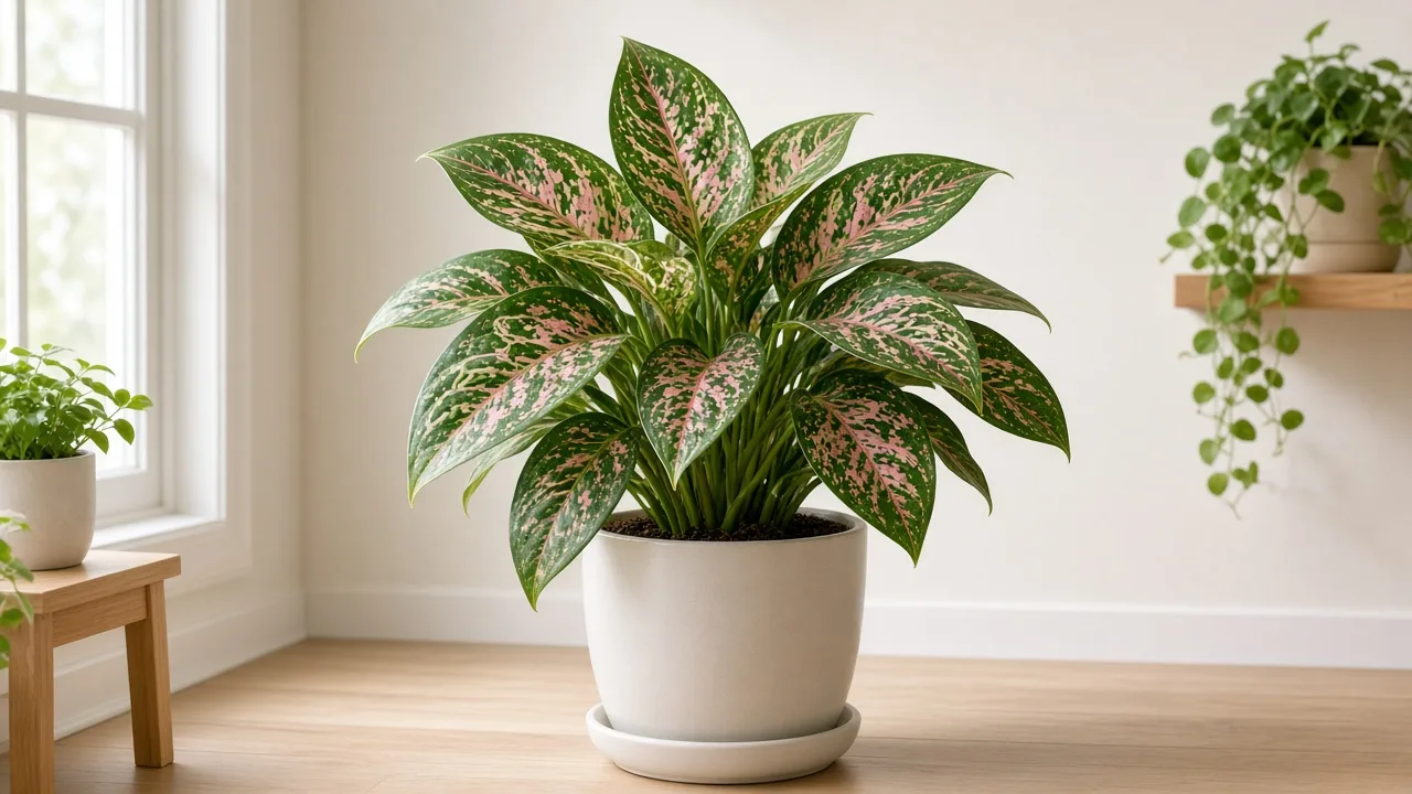 Leaf miners on Aglaonema Pink Dalmatian - pale serpentine tunnels winding through broad pink-speckled and green variegated leaves
