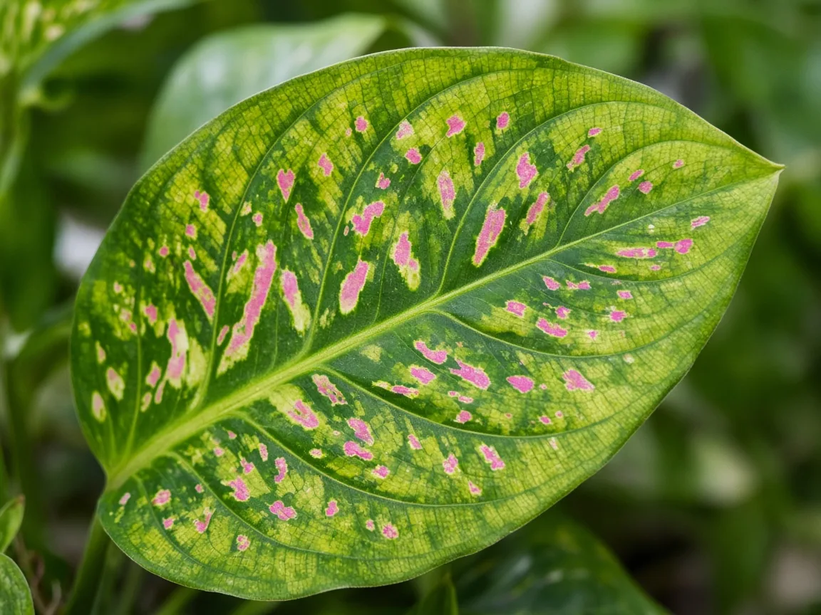 Close-up of interveinal chlorosis on older Pink Dalmatian speckled leaf