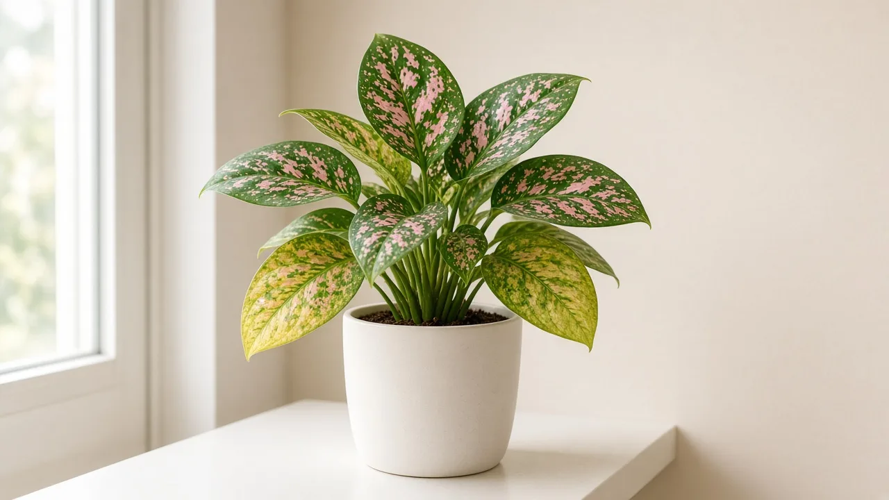 Magnesium deficiency on Aglaonema Pink Dalmatian - yellow between green veins on older lower speckled leaves
