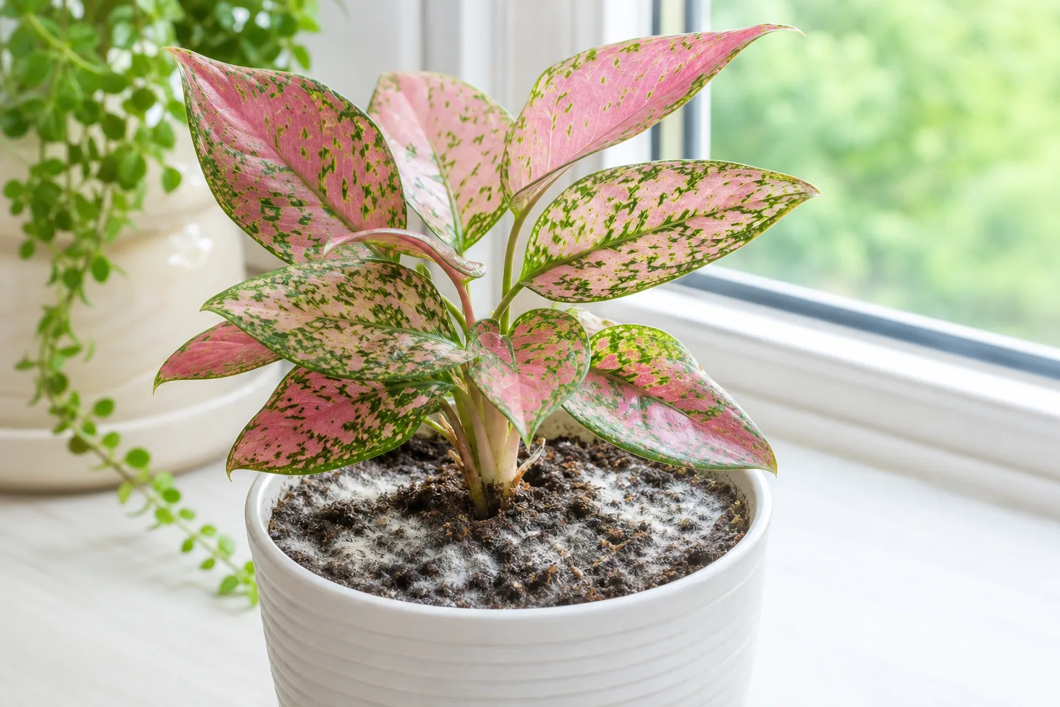 Mold on Soil on Aglaonema Pink Dalmatian - visible symptom on the plant