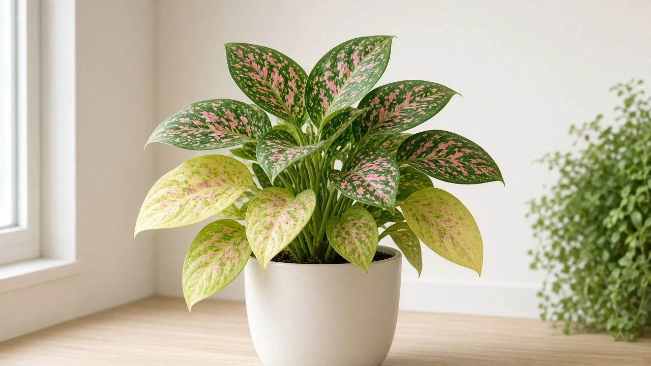 Nitrogen deficiency on Aglaonema Pink Dalmatian - pale oldest lower leaves with washed-out pink speckling on a variegated Chinese evergreen clump