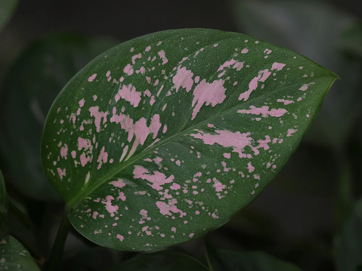 Close-up of pale leaves on Aglaonema Pink Dalmatian - faded variegation on leaf surface