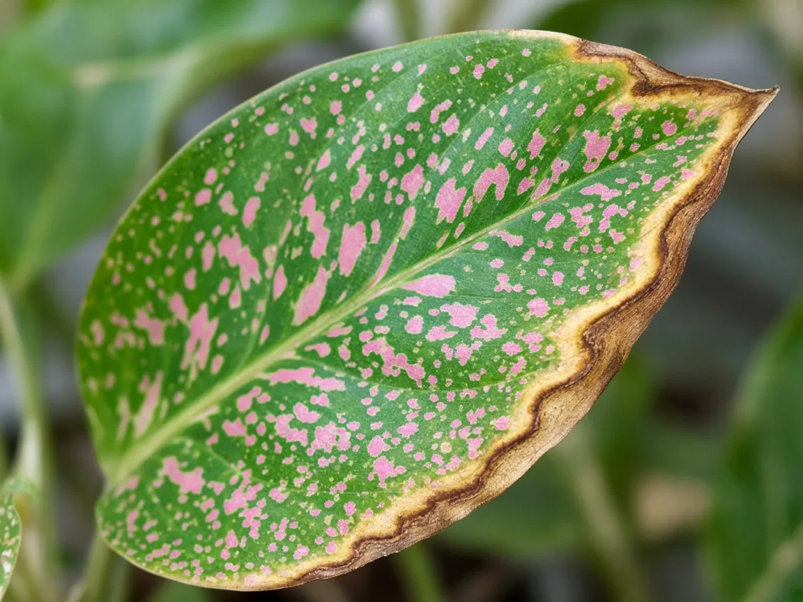 Close-up of yellow-tan scorch along the outer margin of an older Aglaonema Pink Dalmatian leaf with pink speckling still visible in the green interior tissue