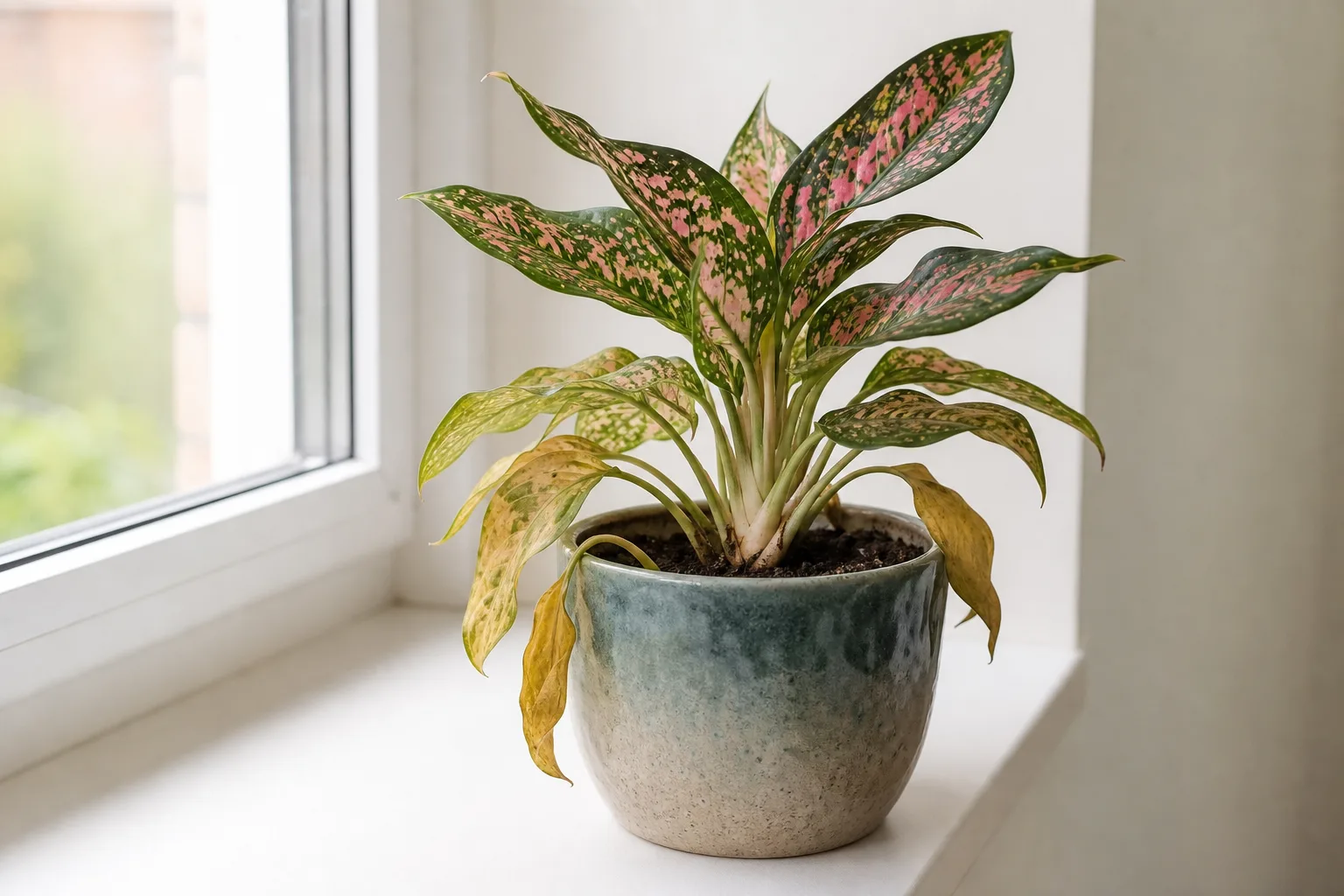 Root rot on Aglaonema Pink Dalmatian - yellowing limp lower leaves with faded pink speckles on damp soil