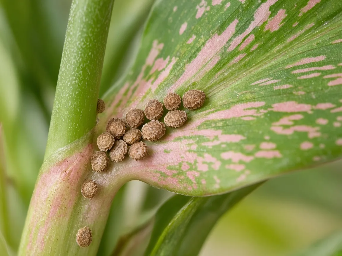 Close-up of tan scale insect bumps along the petiole base of a pink-speckled Aglaonema Pink Dalmatian leaf