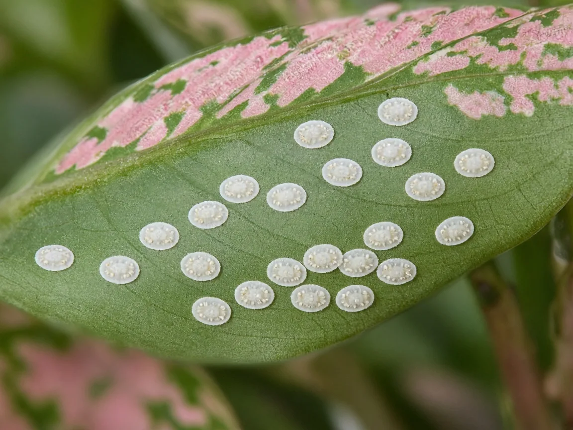 Close-up of whitefly nymph disks on the underside of a speckled Aglaonema Pink Dalmatian leaf