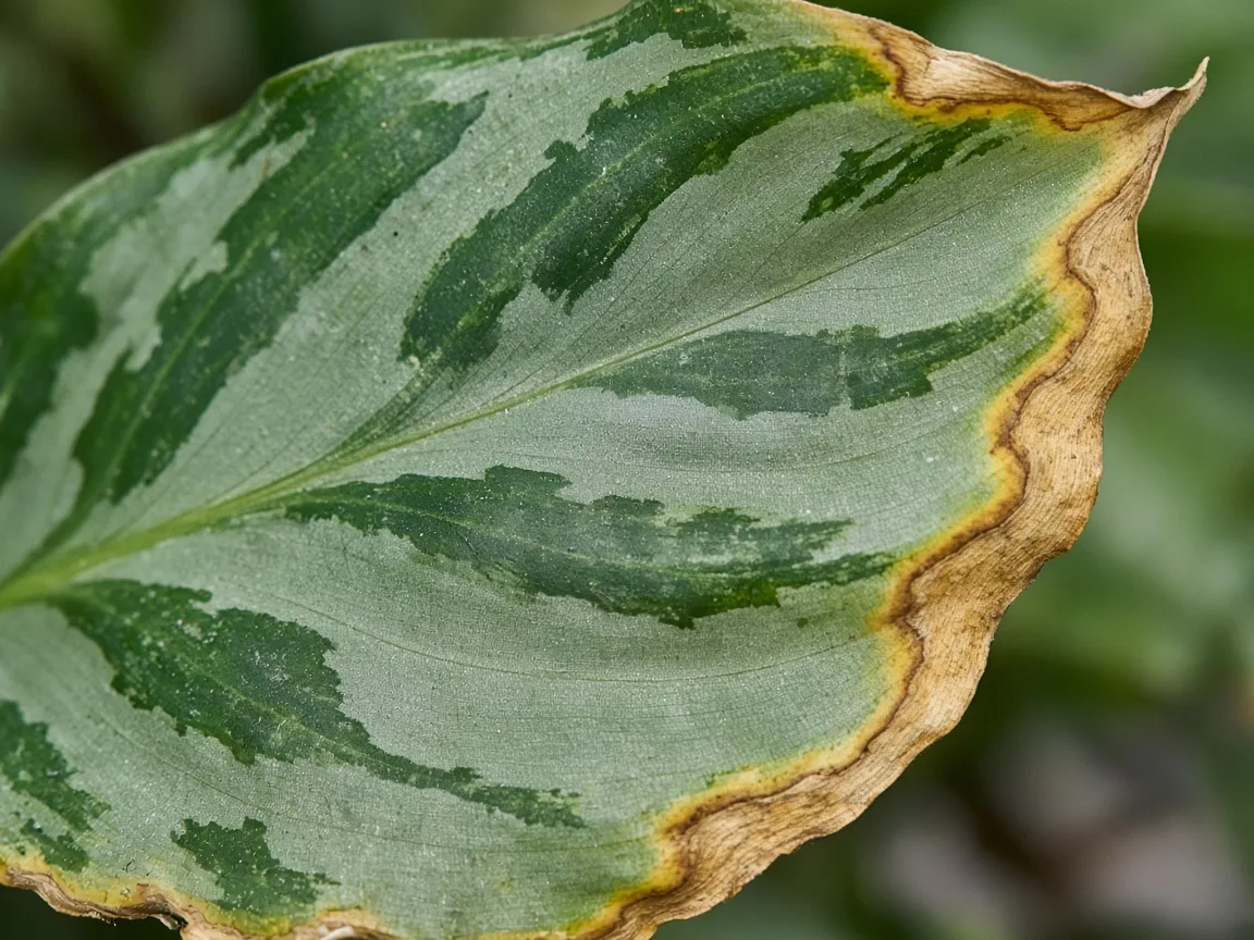 Close-up of yellow-tan scorch along the outer margin of an older Aglaonema lance leaf with silver-green variegation still visible in the interior tissue