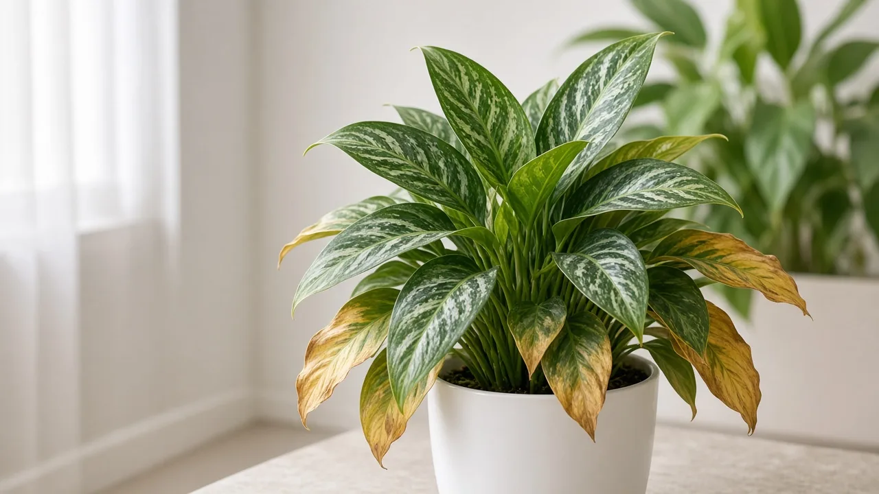 Potassium deficiency on Aglaonema - scorched margins on older lower lance leaves