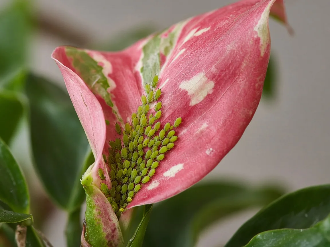 Close-up of soft green aphids clustered on a new cherry-red variegated leaf at the Aglaonema Red Siam crown