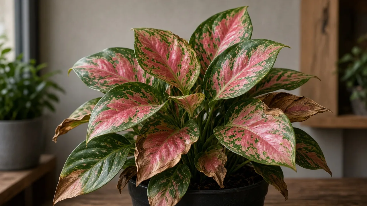 Brown Leaves on Aglaonema Red Siam - visible symptom on variegated Chinese evergreen foliage
