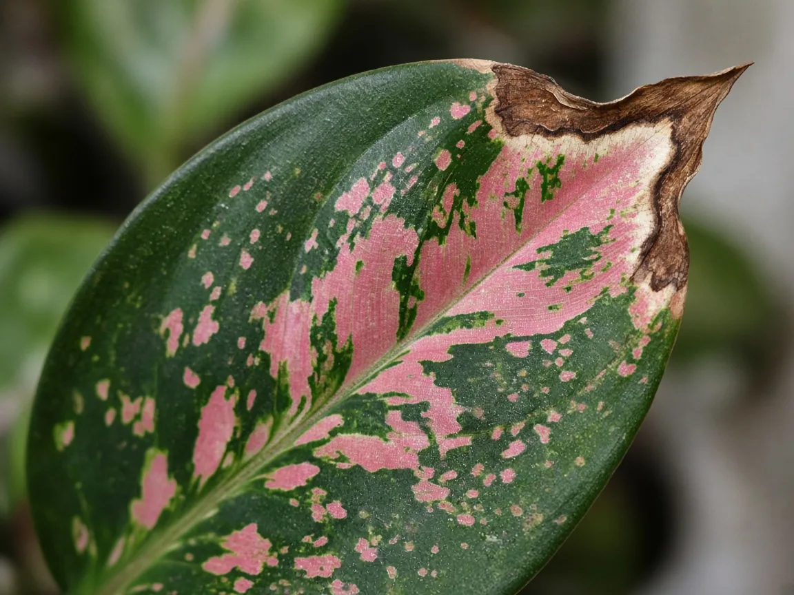 Close-up of dry brown crispy tip on rose-pink Aglaonema Red Siam leaf margin