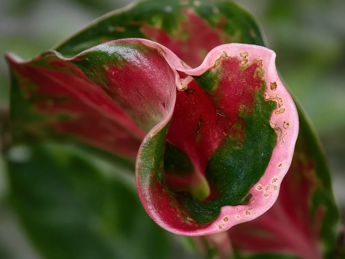 Close-up of cupped margin-burned new Red Siam crown leaf on rose-pink tissue