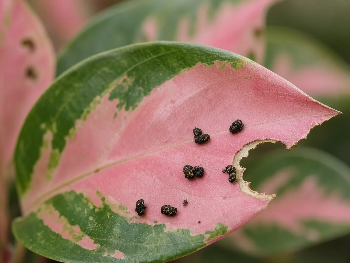 Close-up of caterpillar damage on Aglaonema Red Siam - irregular chewed notches on broad rose-pink and cherry-red leaf with dark frass pellets