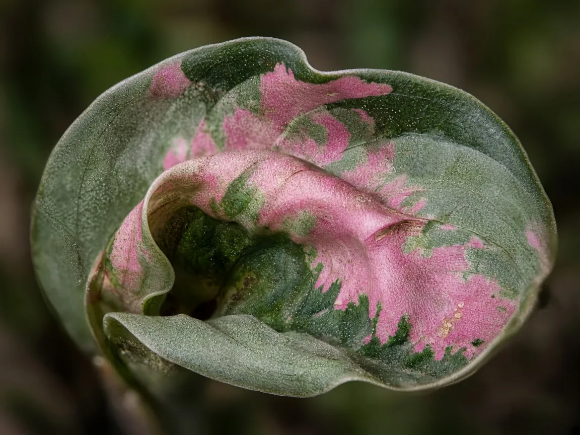 Close-up of curling leaves on Aglaonema Red Siam - cupped variegated leaf surface