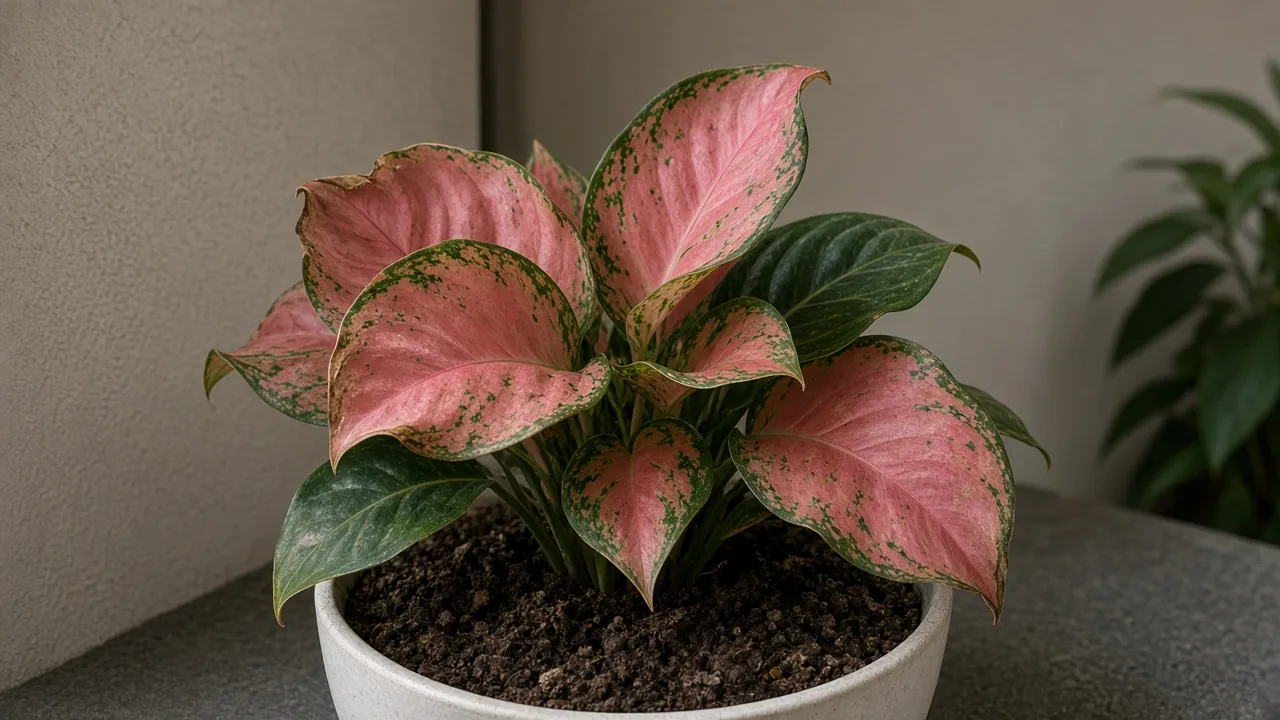 Curling Leaves on Aglaonema Red Siam - visible symptom on variegated Chinese evergreen foliage
