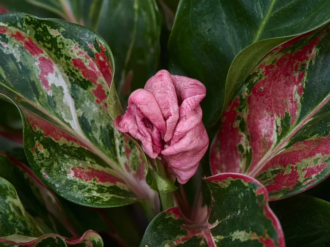 Close-up of distorted leaves on Aglaonema Red Siam - puckered variegated leaf