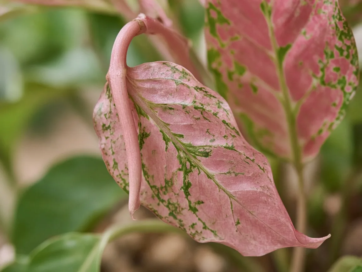 Close-up of limp drooping petiole on rose-pink Aglaonema Red Siam leaf