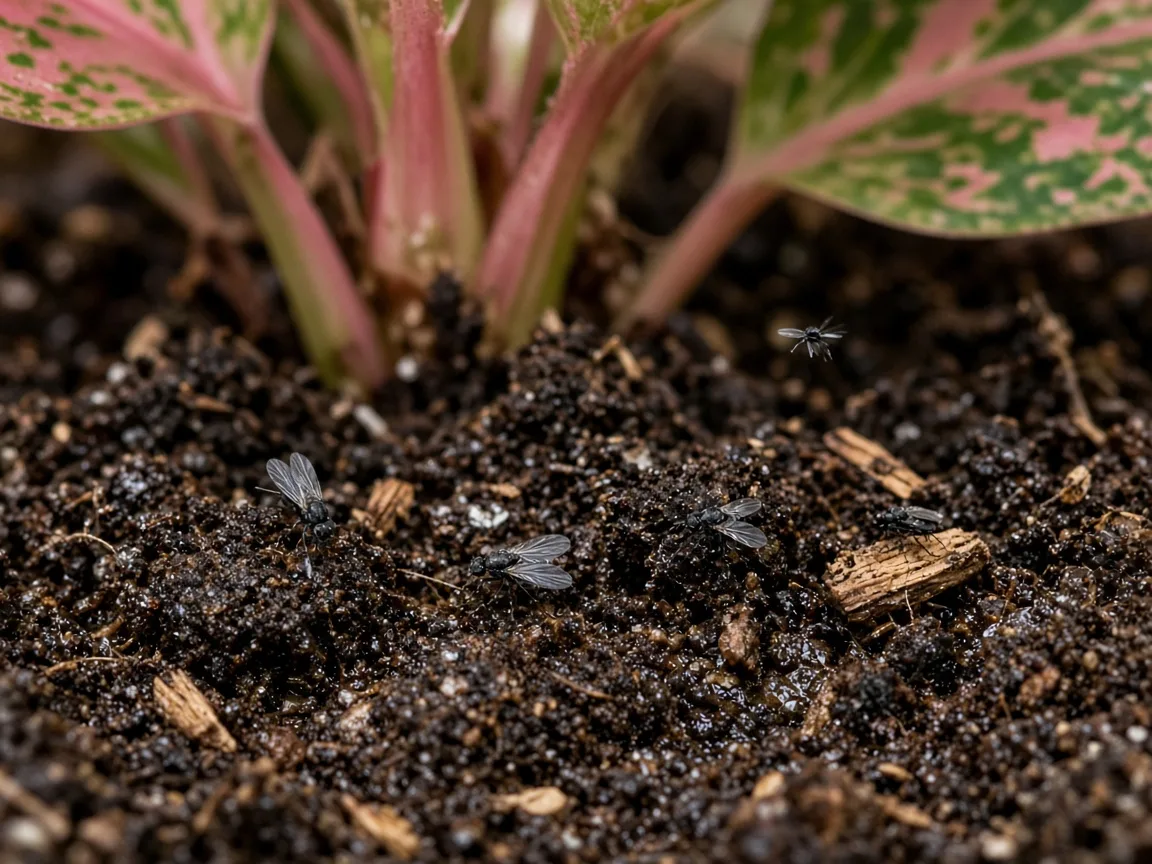 Close-up of fungus gnats on damp potting mix at the base of Aglaonema Red Siam rose-pink leaves