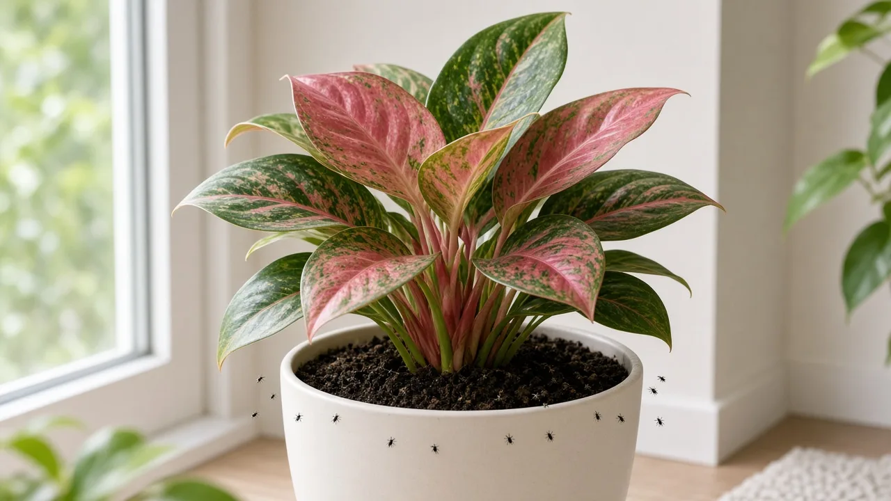 Fungus gnats on Aglaonema Red Siam - tiny flies hovering above damp peat soil at the base of rose-pink variegated Chinese evergreen leaves